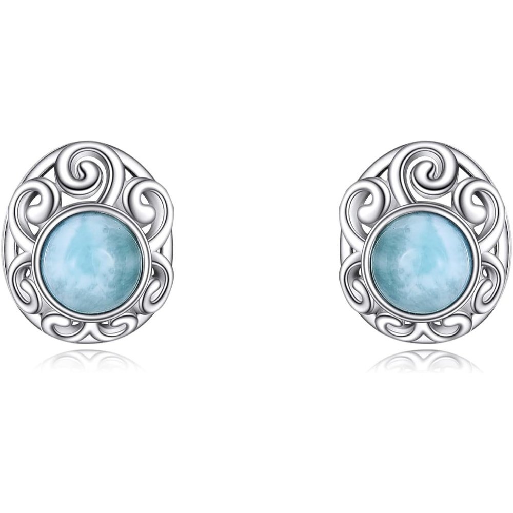 Sterling Silver Three-dimensional Nordic Filigree Floral Larimar Stud Earrings